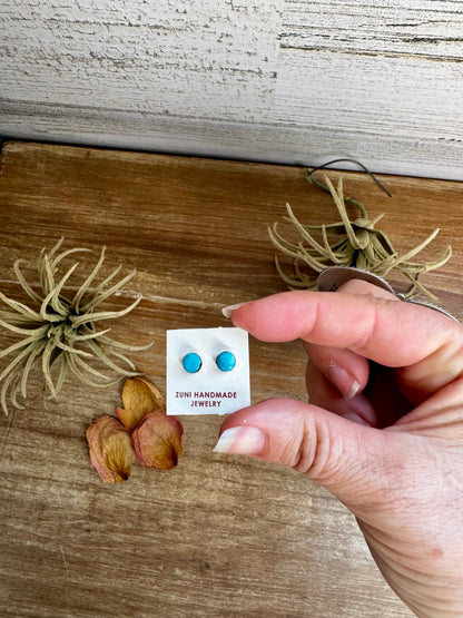 Stud Earrings – Kingman Turquoise – Sterling Silver – Handmade by Mary Ann Neha, Zuni Artist